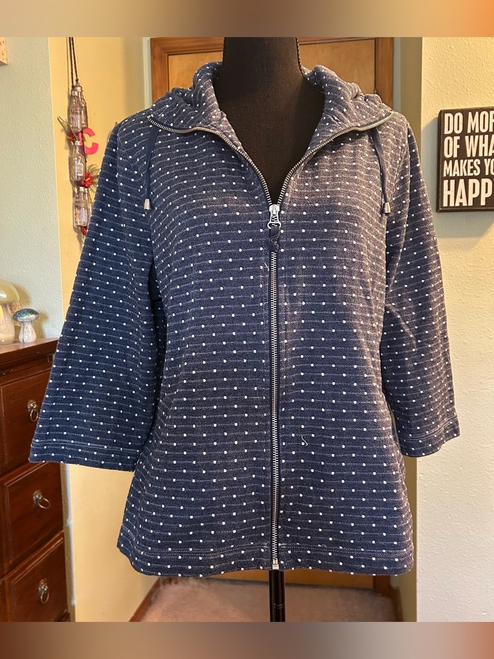 Weekends by Chico’s blue striped white polka dot 3/4 sleeve zip front jacket L